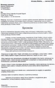 Pismo z Urzędu Gminy Goleniów z 9 czerwca 2026 r. informujące o wszczęciu postępowania administracyjnego w sprawie wydania decyzji o warunkach zabudowy dla mikroinstalacji wieży turbinowej o mocy do 40 kW i wysokości 29,5 m na działce nr 328/31 w Kliniskach Wielkich